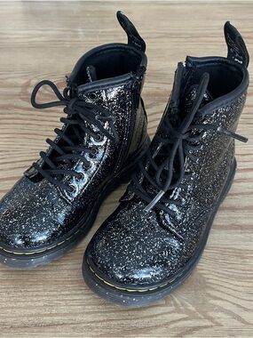Dr. Martens Black Glitter Patent Leather Combat Boots